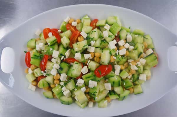 cucumber, tomato, chickpeas, and feta cheese salad