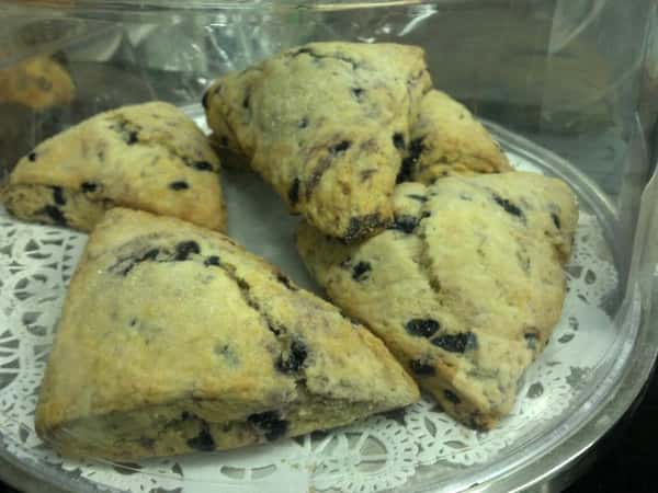 blueberry scones in display case