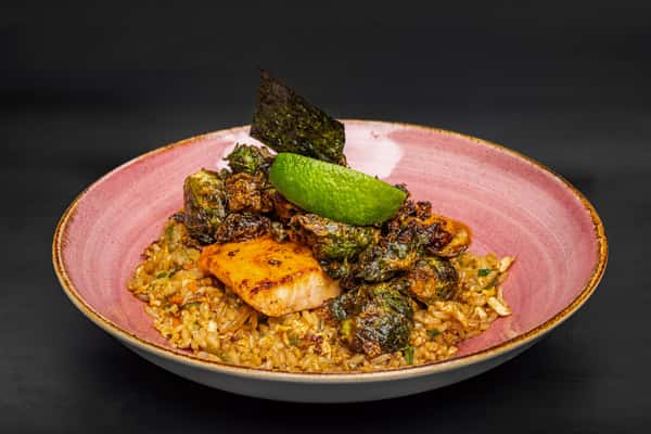 Peach Glazed Salmon with Crab Fried Rice