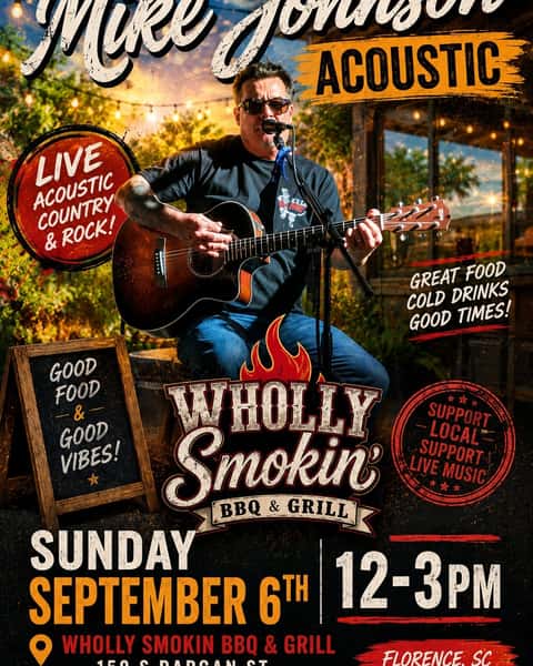 LIVE at NOON today! Florence's own Mike Johnson keeps the Labor Day weekend vibes going. Join us and support local musicians and your local downtown restaurant scene, too. #florencesc #downtownflorencesc #sundayfunday