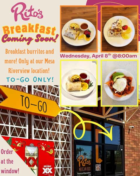 🚨BREAKFAST ALERT🚨!!! We’re kicking off breakfast TOMMORROW, April 8th at 8:00am at our Mesa Riverview location only 🌅—and we’re keeping it simple and delicious…For now, we’re to-go only, so swing by our window or call ahead to place your order. Trust us, it’s worth waking up for. *FIRST 5 PEOPLE IN LINE get a Breakfast Burrito FREE!!! 

We’re serving up all the classics you love—chorizo, bacon, sausage, eggs, and melty cheese wrapped into warm, satisfying burritos. And yes, chilaquiles are finally here too! Simple, authentic, and made to hit the spot every time. 🌞❤️