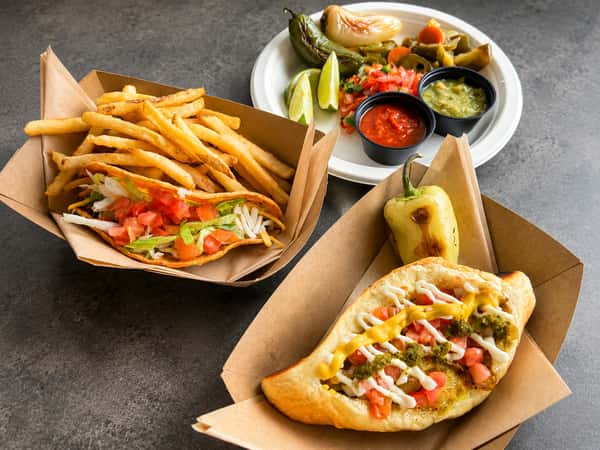 (6) Combo Seis: Sonoran Dog + Crispy Beef Taco plus choice of side