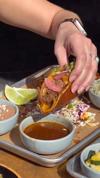 Ahhh the flavor you get from Tacos Birria Costra de Jalisco… Crunchy, savory and muy delicioso, cheese-encrusted, handmade corn tortillas, stuffed with melted cheese and #Birria. Served with pickled onions, cilantro, consommé, and the very necessary salsa àrbol 🌶️ Our Seis version took first place in the inaugural Birria Madness Fest! Try them for yourself @seiskitchen 🤤 🎥 @kimmyeatstucson 🙏