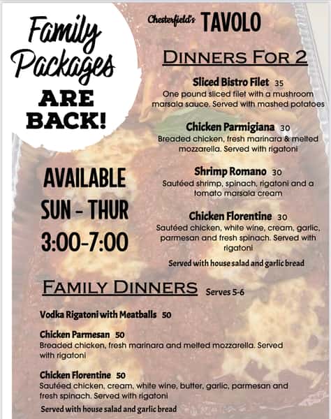 packages are back! dinner for 2 OR family packages