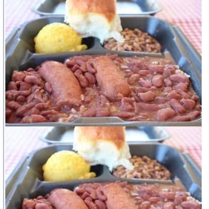 Red Beans and Sausage with potato salad and black eyed peas and a homemade roll