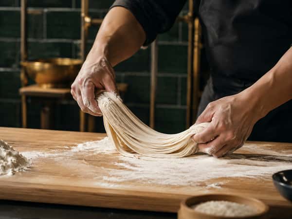Tora Asian House chef hand-pulling fresh Asian noodles on a floured wooden work surface