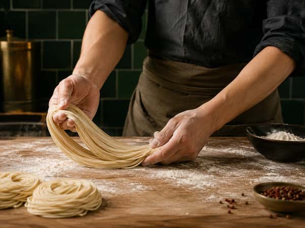 Tora Asian House chef hand-pulling fresh noodles on a floured wooden work surface