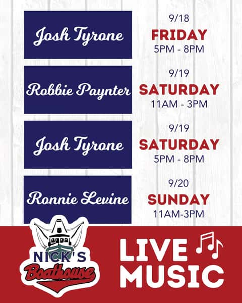 The weekend sounds better on the bay. 🎶🌊 Join us at Nick’s Boathouse for three days of live music, waterfront views, and plenty of time to settle in and stay awhile.