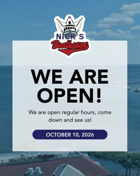 We’re back open and ready to welcome you! ⚓️
Nick’s Boathouse has resumed regular business hours following the storm.
We hope everyone stayed safe, and we look forward to seeing you back on Pensacola Bay for fresh seafood, waterfront views, and all your Nick’s favorites!