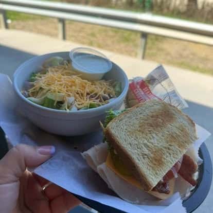 Hand holding a wrapped sandwich with a side salad in a bowl, outdoors