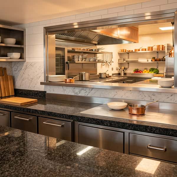 Modern open restaurant kitchen with stainless steel equipment, cookware, and fresh ingredients
