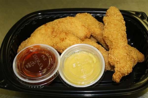 Container with chicken tenders with a side of honey mustard and barbecue sauce