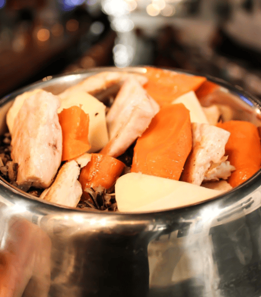 Silver dog food bowl full of chopped carrots and grilled chicken