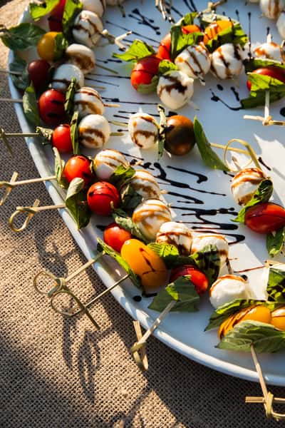 Caprese Salad bites on a skewer at a private rooftop party at Farmbar in Chicago