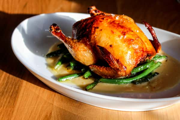 A full quail sits on a bed of green beans and gravy