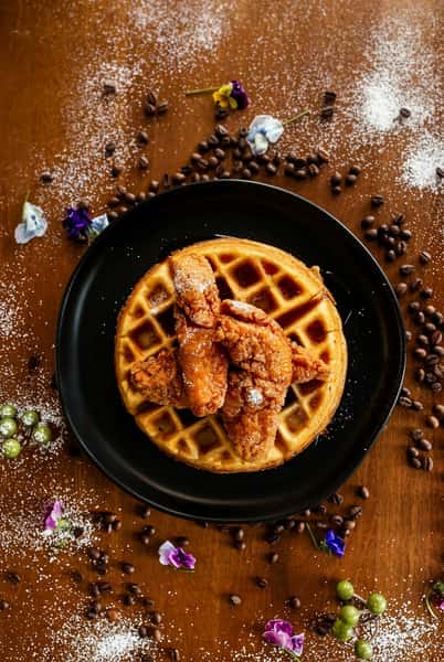 Chicken strips on a waffle