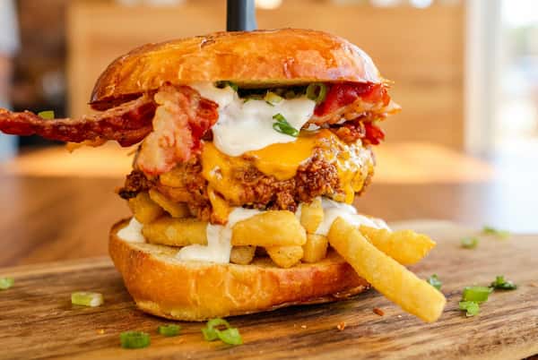 Saucy burger with fries