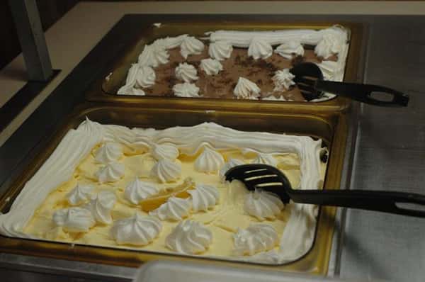 buffet assortment of vanilla and chocolate pudding with whipped cream