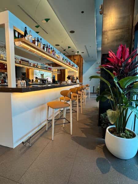 Modern restaurant bar with elegant seating, warm lighting, lush greenery, and an inviting upscale atmosphere.