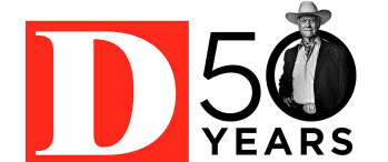 D Magazine 50Years logo with a cowboy showing coming out of the 0 in 50.
