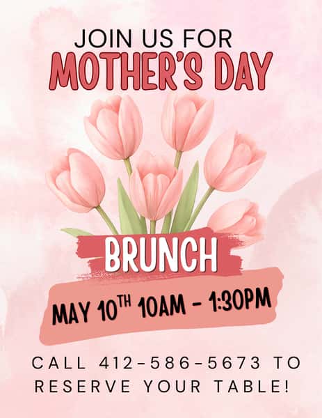 Flyer for Mother's Day Brunch event at Coughlin's Law Kitchen and Alehouse restaurant in Pittsburgh, Mount Washington with outdoor dining and Downtown Pittsburgh views.