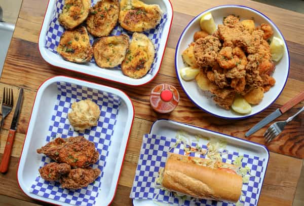 fried seafood and chicken