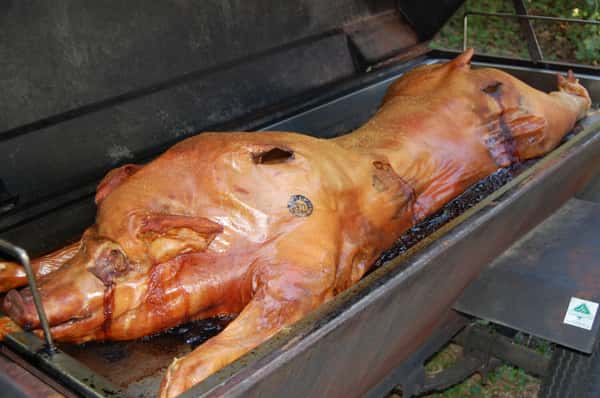 A whole roasted pig is displayed in a large barbecue pit, showcasing its golden-brown skin. This centerpiece is perfect for catering events and festive gatherings.