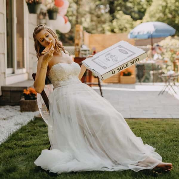wedding dress and pizza box