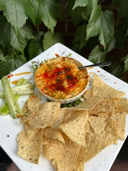 Cheesy dip topped with herbs and hot sauce, served with tortilla chips and celery on a white plate.