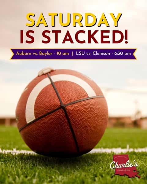 College football is back, and Saturday is stacked. 🏈
We'll have the games on all day, so come grab a table and make Charlie's your game-day spot on Greenville.
Auburn vs. Baylor kicks things off at 10 AM, and LSU vs. Clemson takes over Saturday night at 6:30.
Good football. Cold drinks. Creole food. That's a Saturday. 🔥
#CharliesCreoleKitchen #CollegeFootball #CollegeFootballSaturday #GameDay #DallasEats #LowestGreenville #CreoleFood