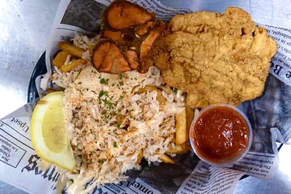 Fried Lobster Tail Basket Pictured with Crabmeat Fries