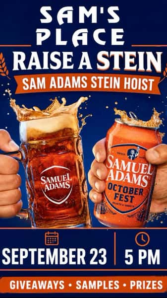 Raise a stein with us tomorrow! 🍻

Join us at Sam’s Place on Wednesday, September 23 at 5 PM for our Sam Adams Stein Hoist! Think you’ve got what it takes to hold your stein the longest? Come put your strength to the test and have some fun with us!

We’ll have giveaways, samples, prizes, and plenty of Sam Adams Oktoberfest to go around. 🍺

Grab your crew and make a night of it. The fun starts at 5 PM tomorrow at all Tennessee Sam’s Place locations!

Make Our Place, Your Place. 🍻