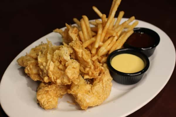 Fried appetizer sampler served with a dipping sauce and french fries