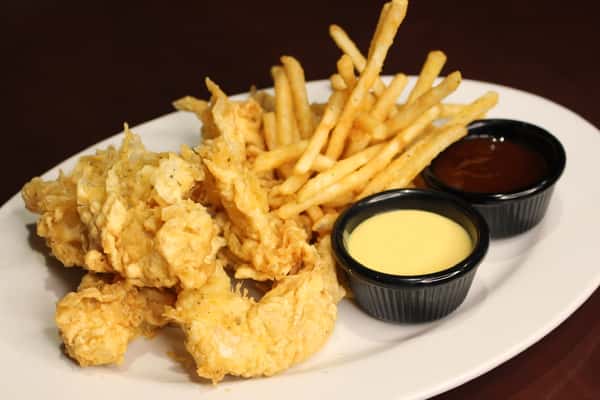 Fried appetizer sampler served with french fries and dipping sauces
