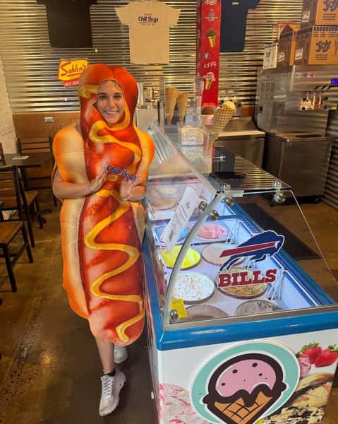 ice cream selection with person dressed as hot dog