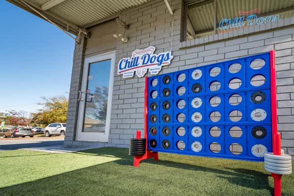 giant connect 4 game on patio of chill dogs