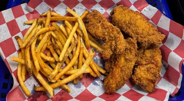 Crispy tenders served with dipping sauce and a side
