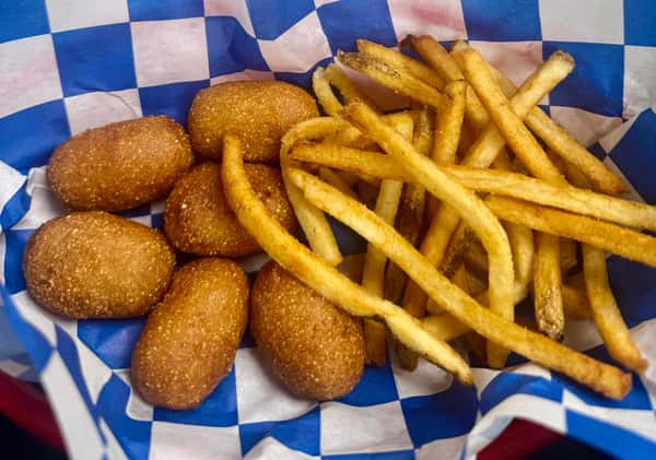 Mini corn dogs with a choice of hand-cut fries or Mac-n-cheese