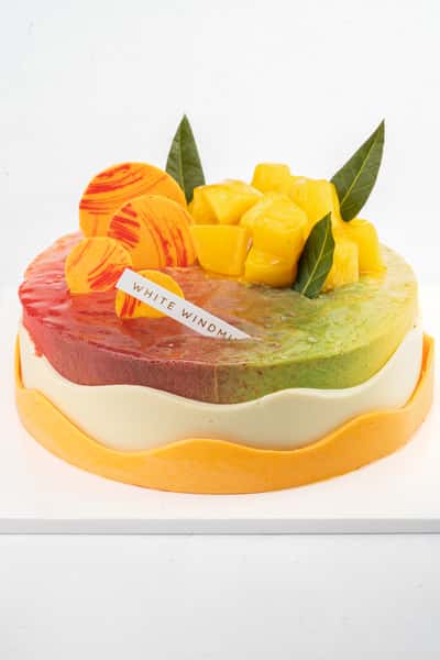 Colorful mango mousse cake with glossy dual glaze, topped with fresh mango cubes, chocolate decor, and green leaves for a vibrant tropical bakery dessert presentation.