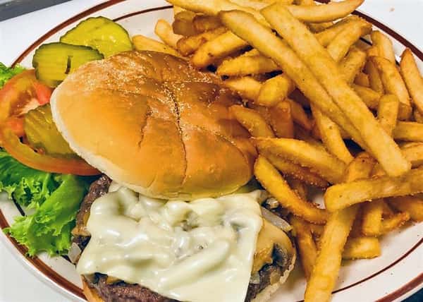 swiss burger and fries