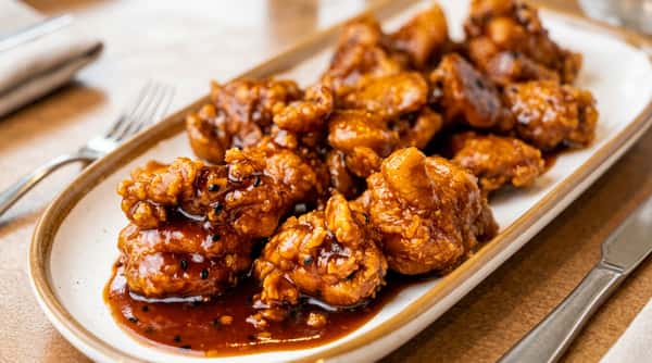 Crispy orange chicken bites coated in a glossy dark amber sauce with black sesame seeds.