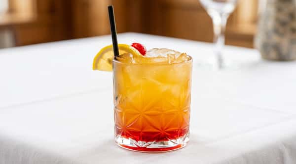 Gradient cocktail with ice, a lemon slice, cherry, and black straw in a faceted glass.