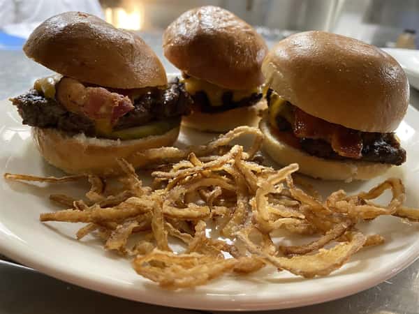 BBQ burger sliders with a side of onion straws