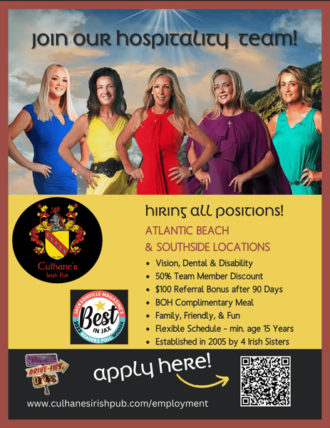 Join our hospitality team! Hiring all positions! Atlantic Beach & Southside Locations