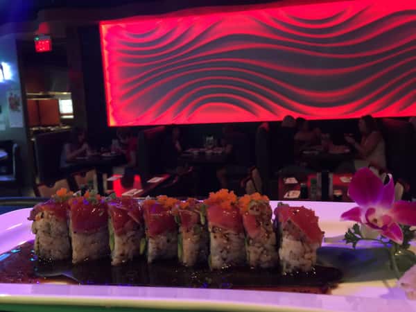 sushi roll on sushi bar