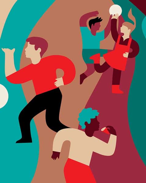 Colorful abstract illustration of four stylized people engaging in activities like running, playing with a ball, and eating, set against a wavy, multicolored background.