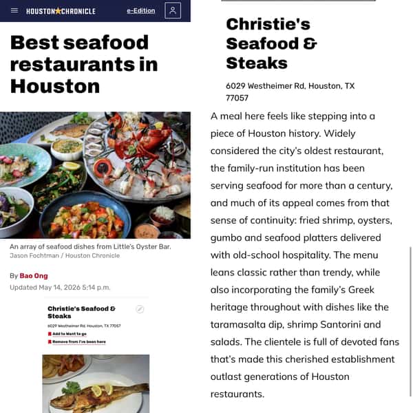 Houston Chronicle: Best Seafood Restaurants in Houston - Christie's made the list!