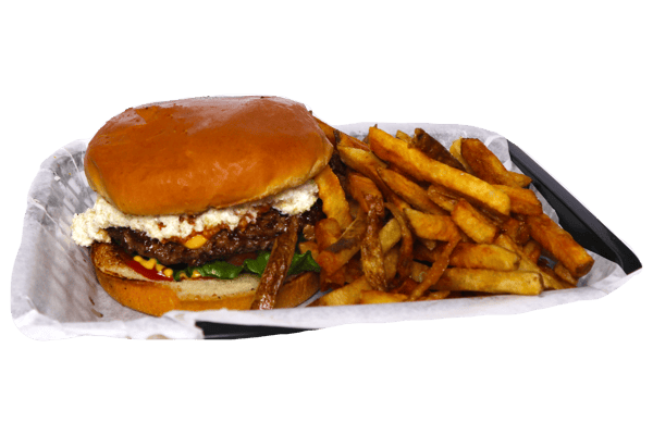 Hangry's Grill's juicy hamburger with melted cheese sits beside a pile of golden french fries.