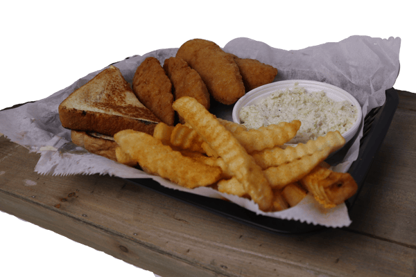 Hangry's Grill's Fried fish, fries, and dipping sauce on a tray.