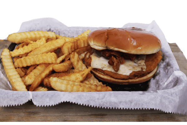 Hangry's Grill's crispy chicken sandwich with bacon and cheese sits beside a basket of crinkle-cut fries.